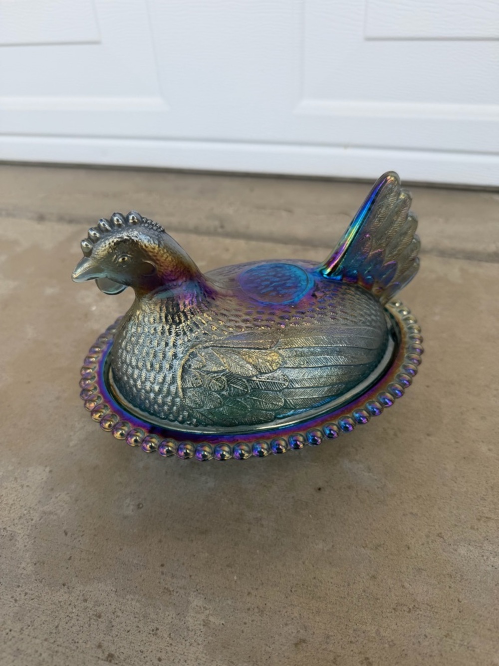 Iridescent Carnival Glass Hen on Nest Dish